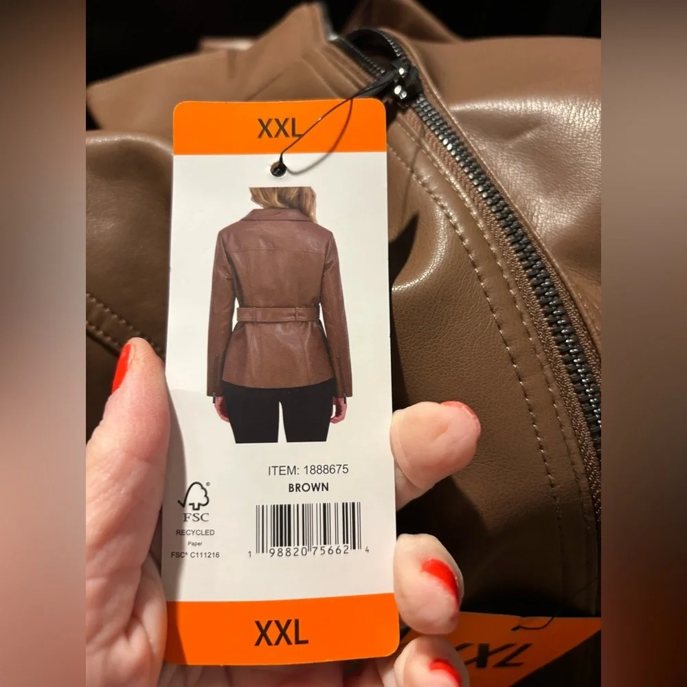NWT Kenneth Cole Woman’s Brown Faux Leather Jacket with Belt Size XXL